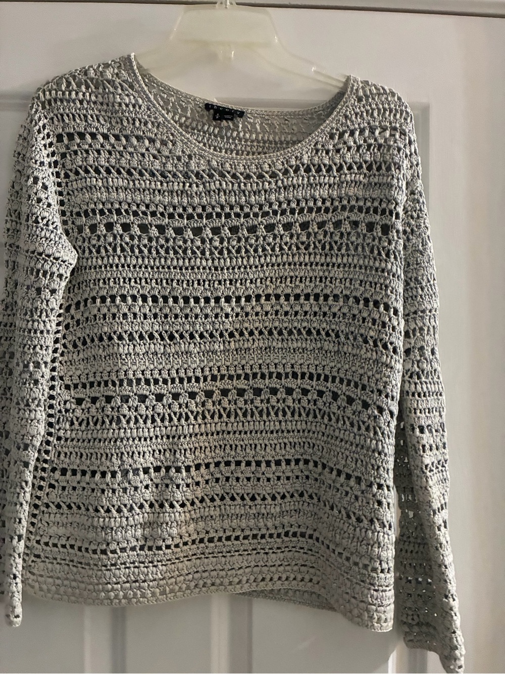Theory Light Gray Open-Weave Crewneck Sweater